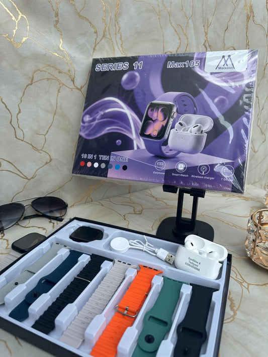 10 in 1 Series 11 Smart Watch with Wireless Earbuds – HD Display | Bluetooth Calling | Fitness Tracking | Complete Gift Set